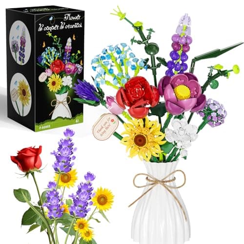 Flowers Bouquet Building Set, Botanical Collection Artificial Flower with Vase, Rose, Sunflower, Hydrangea, Jasmine for Home Decor, Plants Gifts for Mother's Day Anniversary Adults Women Girls - Image 1