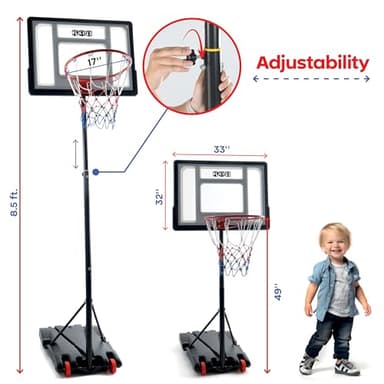 Kids Basketball Hoop Outdoor - 33 inch Backboard, 70-84in Adjustable Height, Portable Basketball Hoops & Goals for Kids/Teenagers/Youth in Backyard/Driveway/Indoor - Fillable Base - Image 5