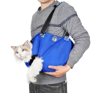 Large Cat Carrier Pouch for Vet Visits, Breathable Cat Sling Carrier for Cutting Nails, Grooming, Travel, Medication, Cat Restraint Bag, Pet Carrier for Cats, Cat Carrier Soft, (Blue,L) - Image 1