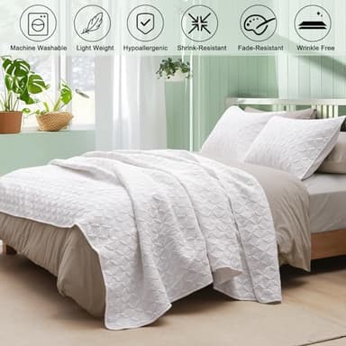 PHF Quilt Bedding Set Queen Size - Lightweight Summer Bedspread, 3PCS Soft Breathable Coin Pattern Bedding Coverlet for All Season, Drop Nicely Quilt 90" x 96"with 2 Pillow Shams, Coconut White - Image 6