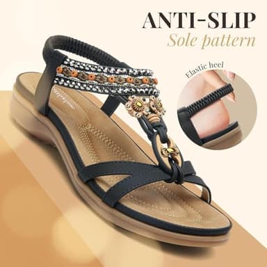 Littleplum Womens Sandals Arch Support Bohemian T-Strap Flower Rhinestone Sandals Women's Non Slip Summer Beach Flat Sandals Black Size 8.5 - Image 2