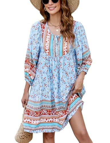 Bluetime Women Casual Summer Dress Boho V Neck 3/4 Sleeve Babydoll Floral Print Flowy Beach Dress (S, Light Blue) - Image 1
