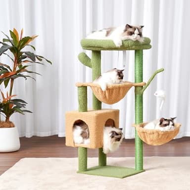 Heybly Cat Tree, 39.4 Inches Cactus Tower Condo with Scratching Post, Cat Tower for Indoor Cats, Fully Wrapped Sisal Pole, Soft Platform, 2 Baskets and Dangling Toy, Green and Yellow HCT006SGY - Image 2