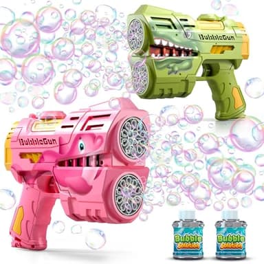 Jasny 2 Pack Rechargeable Dino Bubble Guns for Kids, LED Light Up Bubbles Machine Blower with 2 Bottles Refill Solution for Toddlers, Summer Wedding Toys Gift - Image 1