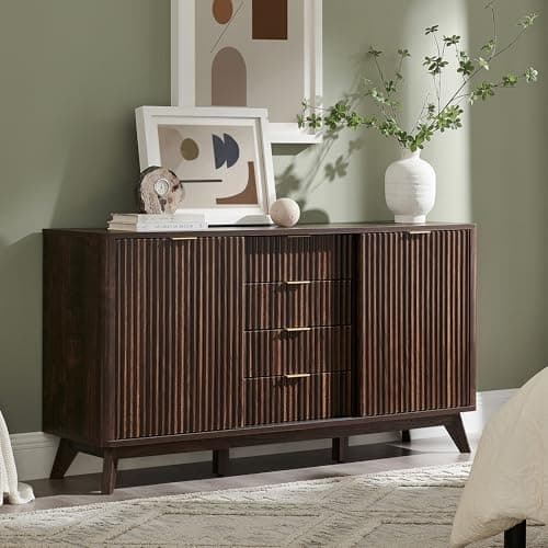 T4TREAM 60" Fluted Dresser with Sliding Doors and 4 Drawers, Modern Chest, Curved Profile Design, Dresser TV Stand, Wood Drawer Organizer for Bedroom, Living Room, Dark Walnut - Image 1