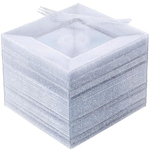 DaYammi 100Pcs Silver Dessert Plates Including 50Pcs Appetizer Plates 6",50Pcs Plastic Forks 5.7",Silver Glitter Plastic Square plate for Wedding,silver Salad plates and Cake Forks for Birthday Party - Image 1