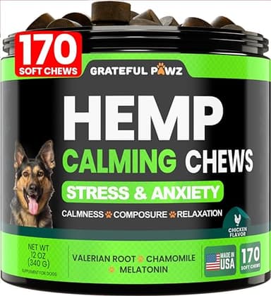 Grateful Pawz Hemp Calming Chews for Dogs - Dog Calming Chews - 170 Anxiety Relief Treats with Hemp Oil - Sleep Aid - Advanced Health Joint Support Supplement - Health & Wellness - Image 1