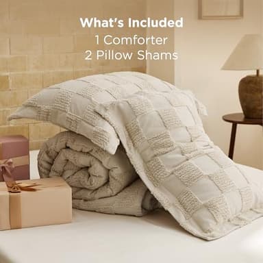 Bedsure King Size Comforter Set Beige, Boho Tufted Bed Set, Checkered Farmhouse Shabby Chic Bedding, 3 Pieces, 1 Plaid Geometric Comforter and 2 Pillow Shams - Image 8