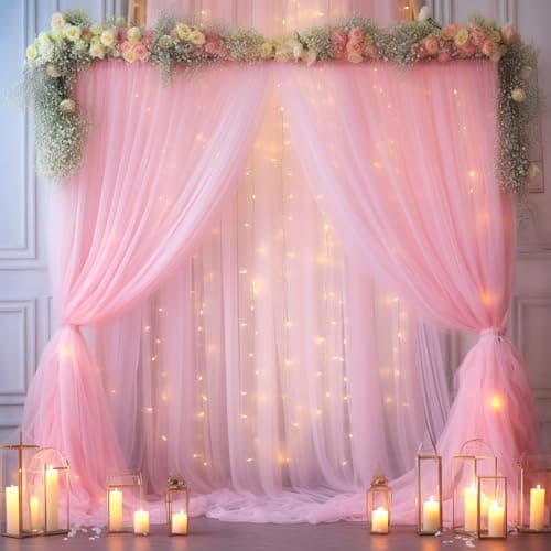 20x8ft Baby Pink Tulle Backdrop Curtain with Lights String for Parites, Sheer Photo Backdrop Curtains with Lights for Wedding Backdrop Ceremony Reception Bridal Shower Baby Shower Birthday Party - Image 1