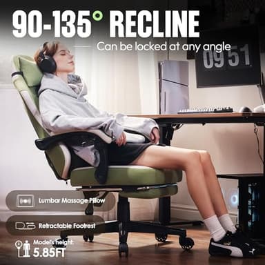 Dowinx Gaming Chair Fabric with Pocket Spring Cushion, High Back Ergonomic Computer Chair with Footrest for Adults, Massage Lumbar Support Swivel Game Chair for Office Gaming 300LBS, Green - Image 5