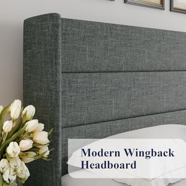 Allewie Queen Size Lift Up Storage Bed, Modern Wingback Headboard, Hydraulic Support, No Box Spring Needed, Dark Grey - Image 4
