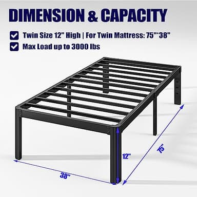 Hunlostten 12" Heavy Duty Twin Bed Frame No Box Spring Needed, Metal Platform Bed Frame Twin with Round Corners, Easy Assembly, Noise Free, Black - Image 2