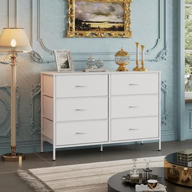 WLIVE Wide Dresser with 6 Drawers, TV Stand for 50" TV, Entertainment Center with Metal Frame, Wooden Top, Fabric Storage Dresser for Bedroom, Hallway, Entryway, White - Image 2