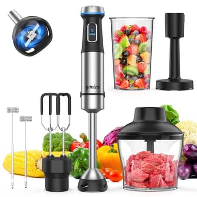 Ganiza Immersion Blender Handheld, 6 in 1 Hand Blender Stainless Steel Blade, 15 Speed Stick Blenders Electric, 800ml Mixing Beaker, 600ml Chopper, Whisk, Frother, Potato Masher - Image 1