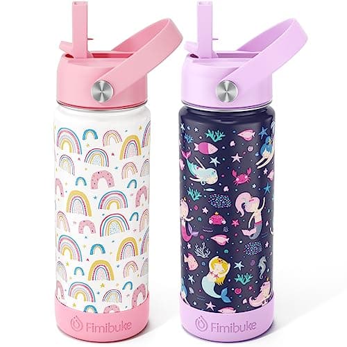 Fimibuke Kids Insulated Water Bottle, 18oz BPA FREE Kids Cup with Straw Double Wall Vacuum Tumbler 18/8 Stainless Steel Leak Proof Toddler Water Bottle for School Boys Girls (2 Pack, Rainbow/Mermaid) - Image 1