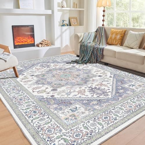 OPPODREAM Soft Area Rugs 9x12 Living Room, Washable Rugs 9x12 with Non Slip Backing, Faux Cashmere Low-Pile 9 x 12 Carpet, Purple & Green & Cream - Image 1