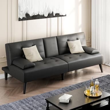 Shintenchi Futon Sofa Bed, Leather Foldable Couch, Reclining Sleeper w/Removable Armrests, Upholstered Loveseat w/Folding Cup Holders for Home, Office, Black - Image 1