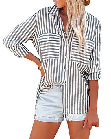 OMSJ Women's Striped Button Down Shirts Casual Long Sleeve Stylish V Neck Blouses Tops with Pockets (XL, Black) - Image 1