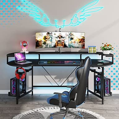 Tribesigns 75 Inch Gaming Desk with Monitor Shelf, Large PC Computer Desk with LED Lights, Gaming Table Gamer Desk for Bedroom, Home Office, Black - Image 9
