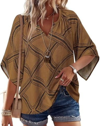 Bebonnie Womens 3/4 Sleeve V Neck Bohemian Peasant Blouses Casual Loose Fit Tunic Tops Diamond Brown XXL - Image 1