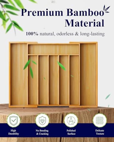 Kitsure Large Bamboo Silverware Organizer - Expandable Drawer Organizer for Utensil, Cutlery and Flatware, Kitchen Storage Solution with 6 to 8 Slots, Natural, 19.4" × 13.1" × 1.8" - Image 9