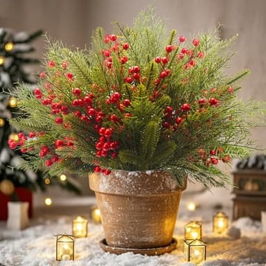Grunyia 90 PCS Artificial Pine Branches Cedar Stems with Red Holly Berries - Perfect Faux Pine Greenery Stems for Christmas Tree, Wreath & Garland DIY Crafts Holiday Home Decoration - Image 2