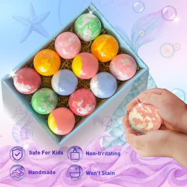 Bath Bombs for Kids with Surprise Inside, 12pcs Kids Bath Bombs with Mermaid Toys Gift Set for Girls, Shea & Coco Butter Dry Skin Moisturize, Handmade Fizzy Bubble Spa Bath Ball for Birthday Christmas - Image 5