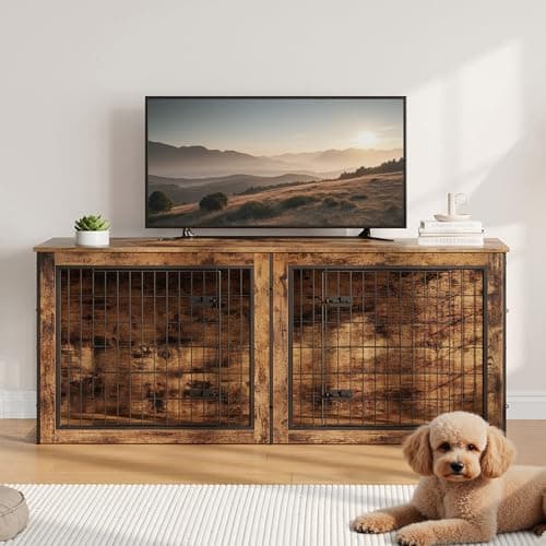HOOBRO Dog Crate Furniture for 2 Dogs, 63" Large Double Dog Crate Furniture with Divider, Wooden Indoor Kennel TV Stand for Medium Large Dogs, Rustic Brown BF55GW03 - Image 1