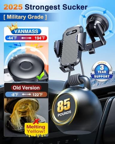 [2025 True Military-Grade] Car Phone Holder VANMASS [Upgraded Strongest Suction & Clip] Cell Phone Mount for Dashboard Windshield Vent, Truck Cradle Stand for iPhone 17 Pro Max 16 15 14 Android Camera - Image 7