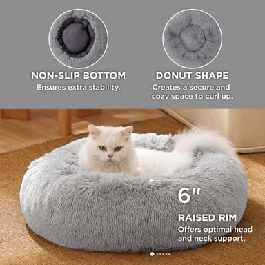 Bedsure Calming Cat Beds for Indoor Cats - Small Cat Bed Washable 20 inches, Anti-Slip Round Fluffy Plush Faux Fur Pet Bed, Fits up to 15 lbs Pets, Pale Grey - Image 3