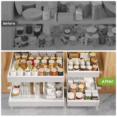 Seinloes 6 Pack Pull Out Cabinet Organizers 21" Deep With Raising Pad for Framed Cabinets, Expandable Slide Out Drawers with 4pcs Divider Racks, Roll Out Shelves, Adjustable Width 12"-20.45" White - Image 6