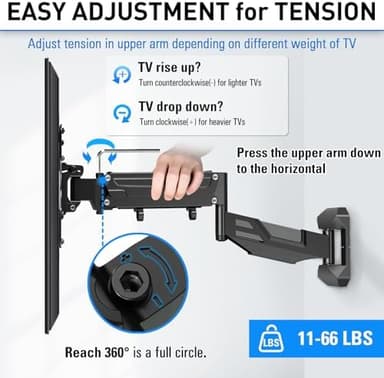 MOUNTUP Height Adjustable TV Wall Mount for 26-55 Inch TVs, Gas Spring Full Motion Articulating TV Bracket with Smooth Swivel Tilt & Safe Corner Installation, 400x400mm VESA, 11-66 lbs, Textured Black - Image 3