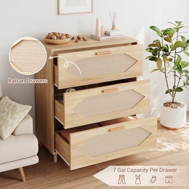 GAOMON 3 Drawer Rattan Dresser for Bedroom, Rattan Modern Dresser Wood Chest of Drawers, Wooden Storage Cabinets for Bedrooms, Hallways, Living Rooms, and Entryways, Easy Assemble, Natural - Image 4