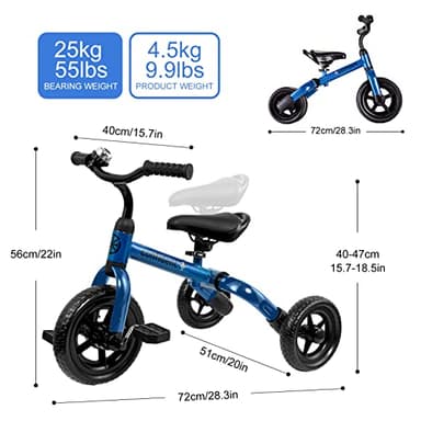YGJT 3 in 1 Tricycle for Toddlers Age 2-5 Years Old, Folding Kids Balance Bikes with Adjustable Seat and Removable Pedal, Ride-on Toys for Infant, Gift for Baby Boys Girls Birthday(Blue) - Image 7