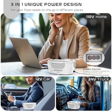 AsFrost Hot Lunch Box for Adults, 80W Fast Electric Lunch Box, 3 IN 1 Leakproof Lunch Electric Box Food Heater for 12/24/110V Car, Truck, Office Use, Food-Grade SS Container Heated LunchBox - Grey - Image 4