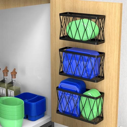 YIGII 3 Pack Adhesive Cabinet Organizer - Wall Mounted Pantry Door Organizer Bin Holder for Tupperware Lid Kitchen Wall Under Sink Basket Slim Space Black Stainless Steel - Image 1
