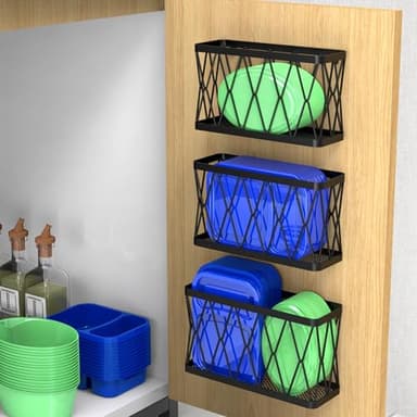 YIGII 3 Pack Adhesive Cabinet Organizer - Wall Mounted Pantry Door Organizer Bin Holder for Tupperware Lid Kitchen Wall Under Sink Basket Slim Space Black Stainless Steel - Image 1
