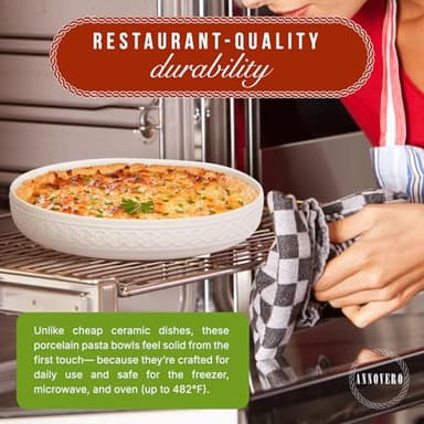 Annovero Pasta Bowls Set for 4 - Dinner Bowl Plates - Blates - Flat Dinnerware - Large Shallow White Dishes - Big Rimmed Porcelain Serving Dish for Eating Spaghetti - 40 Oz Capacity - 9 Inch Diameter - Image 6