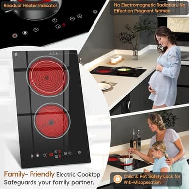 Zarbaco Electric Cooktop 2 Burner, 1800W Radiant Electric Stove Top 120V with Countertop & Built-in Design, 12 inch Touch Control Ceramic Cooktop with Safety Lock, 9 Level Power, Timer - Plug in - Image 6