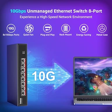 YuanLey 8-Port 10G Ethernet Switch, 8 x 10Gbps RJ45 Ports, Support 10G/5G/2.5G/1G/100Mbps Speed Auto-Negotiation, 160Gbps Switching Capacity, Unmanaged Switch Rackmountable, Plug and Play - Image 2