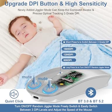 Kovess Mouse for Laptop Wireless Bluetooth - MacBook Air Mac Pro PC iPad Optical Rechargeable Silent Mouse with Jiggler Dual Mode Switch Bluetooth 5.2/3.0 and 2.4GHz USB-A and Type-C Receiver Silvery - Image 5