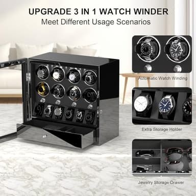 DUKWIN Watch Winder for 8 Automatic Watches,Lockable Watch Winders with Watch Holder and Jewelry Storage, Super Quiet Mabuchi Motor with High-Gloss Piano Lacquer Finish,Built-in Illumination-Black - Image 2