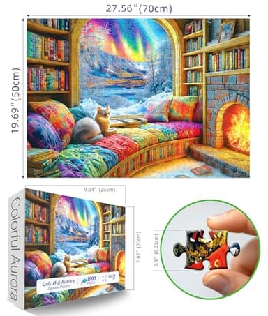Northern Lights Landscape Jigsaw Puzzles for Adults Fantasy Fairy Cat 1000 Piece Book Room Puzzle for Adults with Letters on Back Challenging Family Puzzle - Image 2