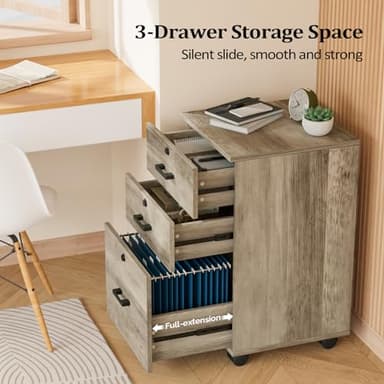 VINGLI 3-Drawer File Cabinet with Lock, Wood Rolling Under Desk File Cabinets for Home Office, Mobile Printer Stand & Filing Organizer for Letter Sized Files, 26" H(Caster Included), Rustic Gray - Image 4