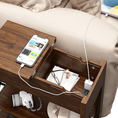 Awescuti Narrow End Table with Charging Station - Farmhouse Slim Side Table Set of 2, w/USB Ports Power Outlets, Nightstand w/Flip Top Storage Drawer, for Small Spaces Living Room Bedroom, Walnut - Image 7