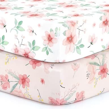 BROLEX Baby Fitted Crib Sheets: Kid Crib Sheets - Set of 2 for Toddler Standard Size Crib Mattress for Boys and Girls - Jersey Knit Crib Bed Sheets Pink Blossom - Image 3