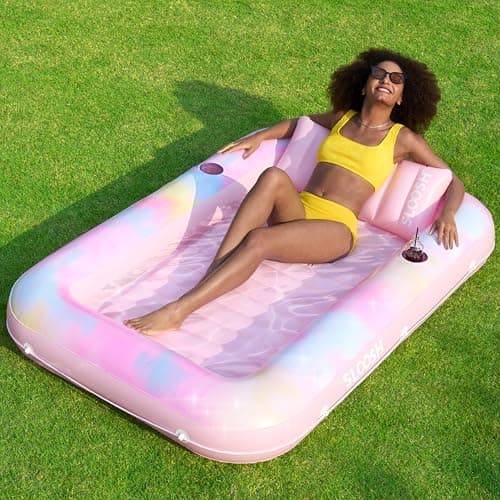 SLOOSH Inflatable Tanning Pool Lounger Float, 70" x 46" Pool Floats Adult with Pillow, 4 in 1 Suntan Tub Raft Floatie,Sunbathing Bed Lounge for Water Blow Up Ball Pit Party Gifts,Pink Tie-dye - Image 1