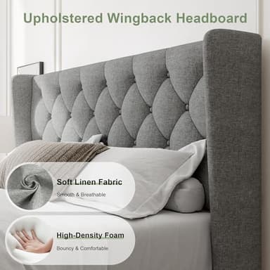 Feonase Queen Bed Frame with Upholstered Wingback Headboard, Platform Bed and Heavy Duty Wooden Slats Support, Easy Assembly, Noise-Free, No Box Spring Needed, Light Gray - Image 3