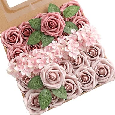 YYHUAWU Artificial Flowers Combo Box Set Gradient Color Flower Leaf with Stems for DIY Wedding Bouquets Centerpieces Baby Shower Party Home Decorations (Gradient Rosy Red) - Image 1