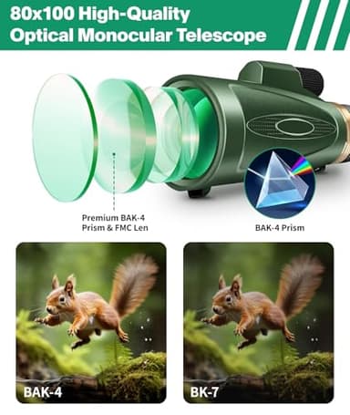 Monocular Telescope 80x100 High Power with Smartphone Adapter Tripod,Larger Vision Monoculars for Adults with BAK4 Prism & FMC Lens, Suitable for Bird Watching Hunting Hiking Camping Wildlife-Green - Image 3